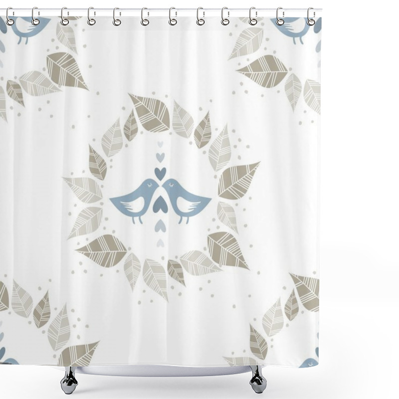 Personality  Little Blue Birds In Love With Hearts Dots And Leaves Wreath Seamless Pattern Isolated On White Shower Curtains