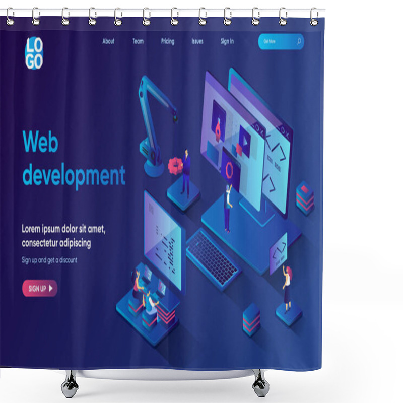 Personality  Web Development Concept Isometric Landing Page. Team Develops And Optimizes Layout Of Site, Works With Code Of Webpage, 3d Web Banner Template. Vector Illustration With People Scene In Flat Design Shower Curtains