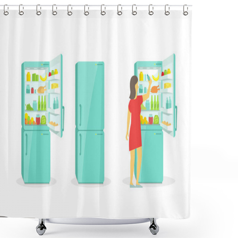 Personality  The Woman Takes In The Fridge. Refrigerator. Products Household Appliances Shower Curtains