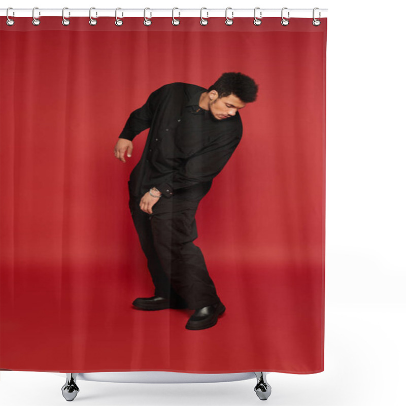 Personality  Stylish Young Man Dressed In Black Striking A Casual Pose In A Vivid Red Setting. Shower Curtains