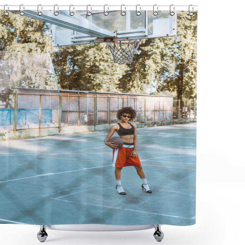 Personality  Woman In Sportswear And Heels On Sportscourt Shower Curtains