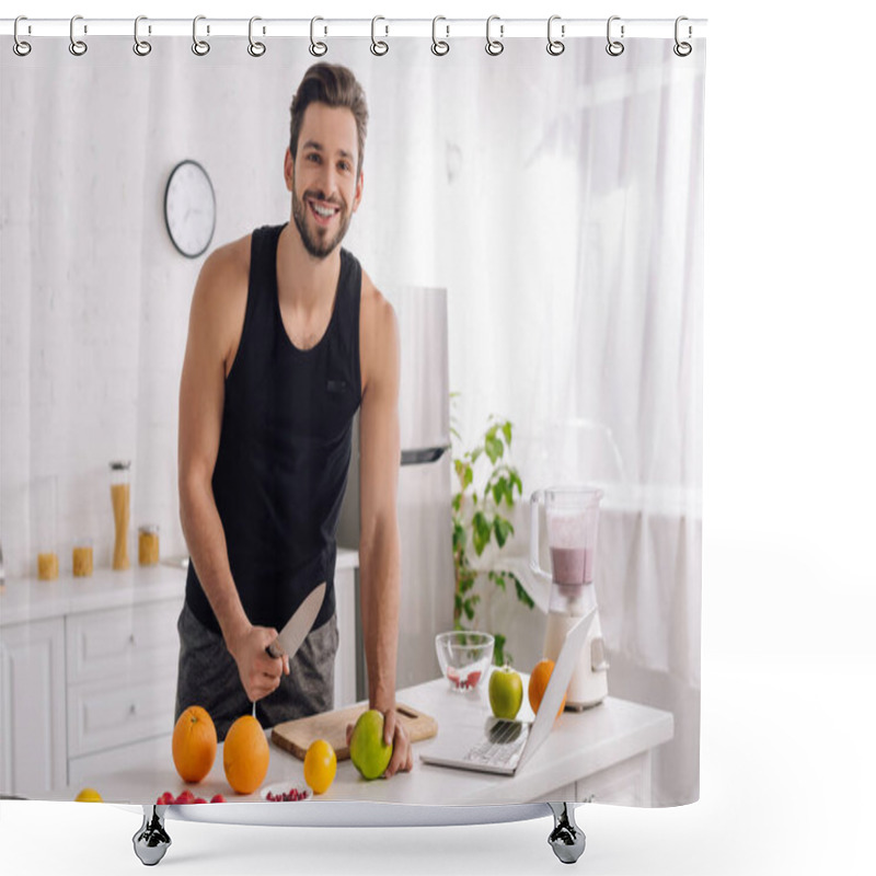 Personality  Happy Man Cooking Near Laptop And Blender In Kitchen  Shower Curtains