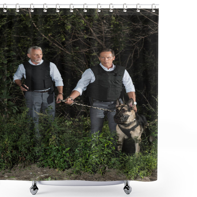 Personality  Male Police Officers In Bulletproof Vests With German Shepherd Dog On Leash Near Forest Shower Curtains