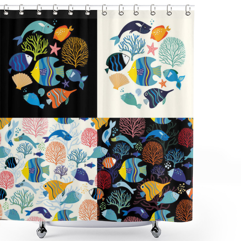 Personality  Aquatic Collection With Two Seamless Patterns And Two Round Compositions With Different Fish And Marine Plants Shower Curtains