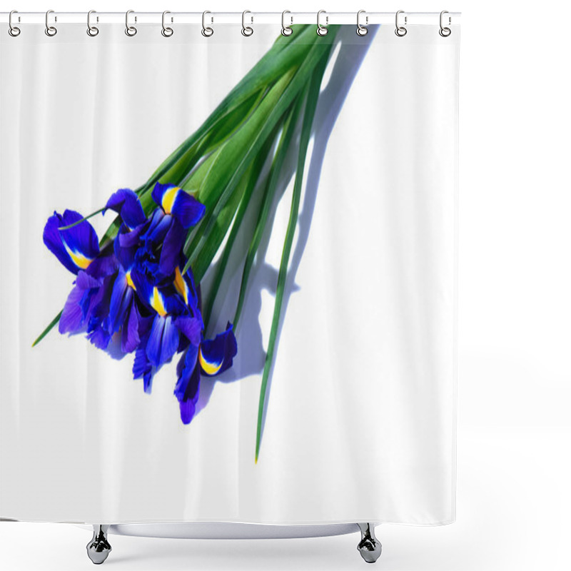 Personality  Purple Iris Flowers, On White Surface Shower Curtains