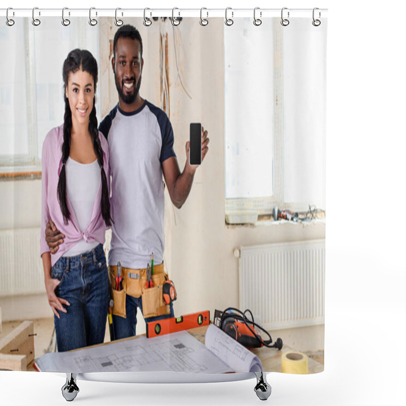 Personality  African American Couple Showing Smartphone With Blank Screen During Renovation At New Home Shower Curtains