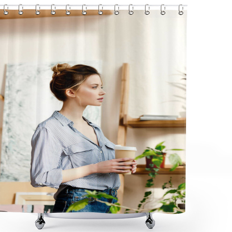 Personality  Side View Of Young Woman With Coffee Cup In Hands Shower Curtains