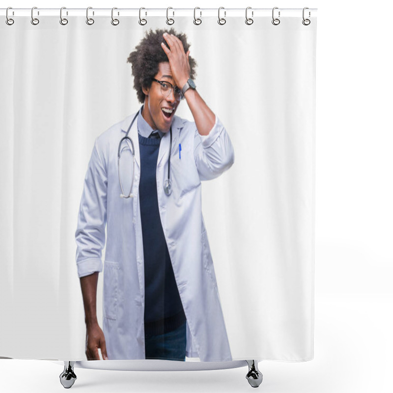 Personality  Afro American Doctor Man Over Isolated Background Surprised With Hand On Head For Mistake, Remember Error. Forgot, Bad Memory Concept. Shower Curtains