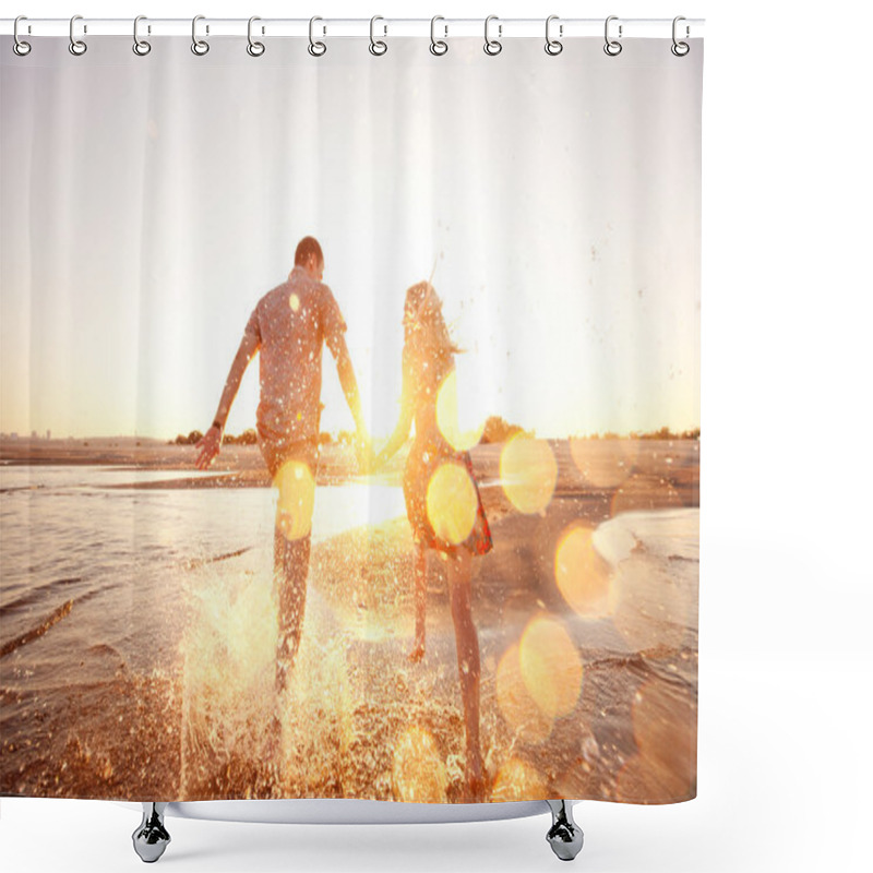 Personality  Couple Running On The Beach Shower Curtains