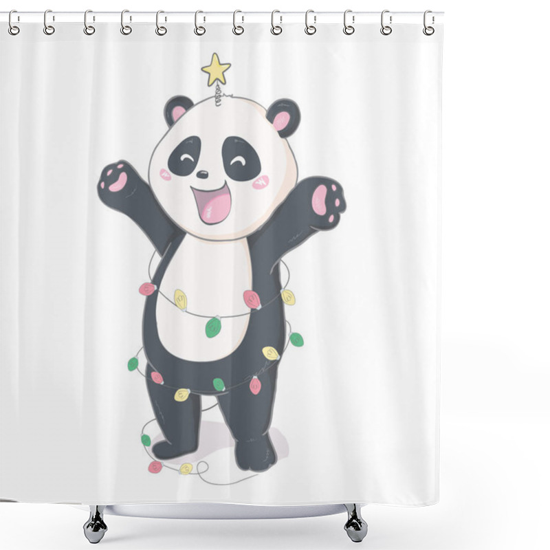 Personality  Cute Cartoon Panda With A Red Christmas Hat On A White Background. Vector Illustration Shower Curtains