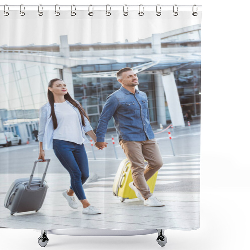 Personality  A Couple Of Tourists Crossing Pedestrian, Holding Hands And Pulling Their Travel Bags Shower Curtains