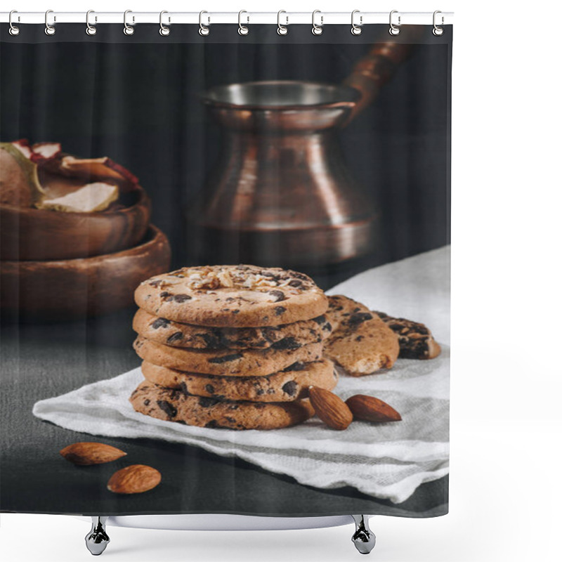 Personality  Close-up Shot Of Delicious Chocolate-chip Cookies With Jezve Shower Curtains