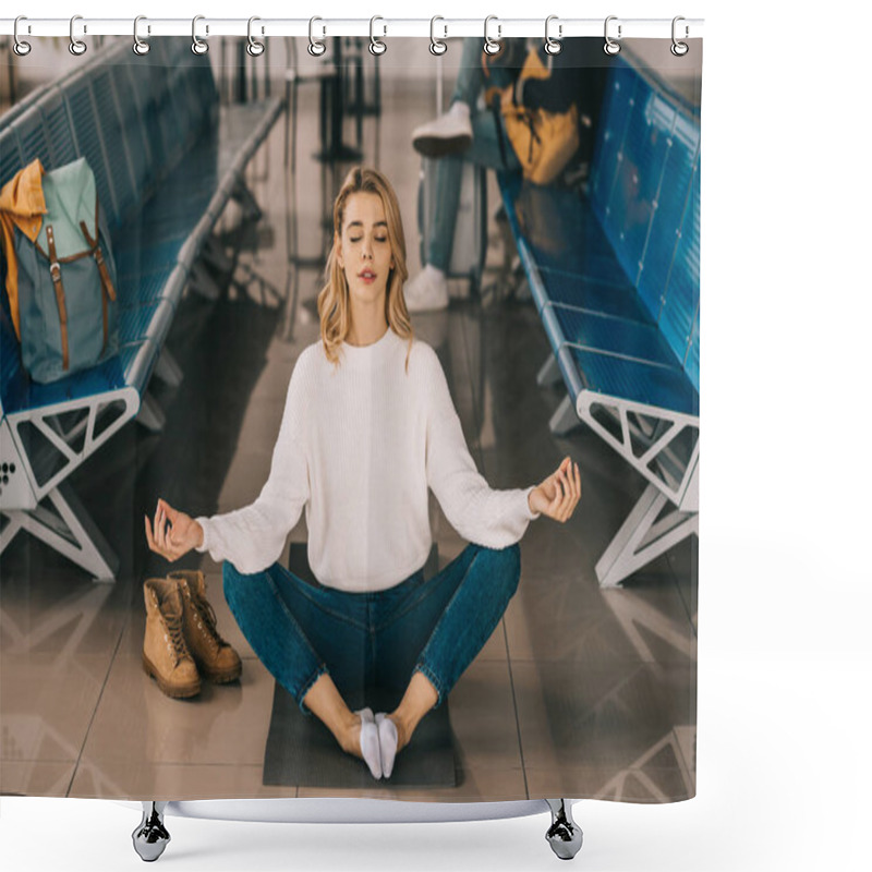 Personality  Girl Meditating In Lotus Position While Waiting Flight In Airport Terminal   Shower Curtains