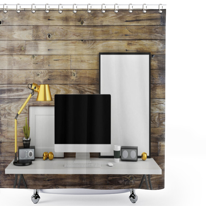 Personality  Mock Up Work Space, Wooden Wall Background, 3d Illustration Shower Curtains