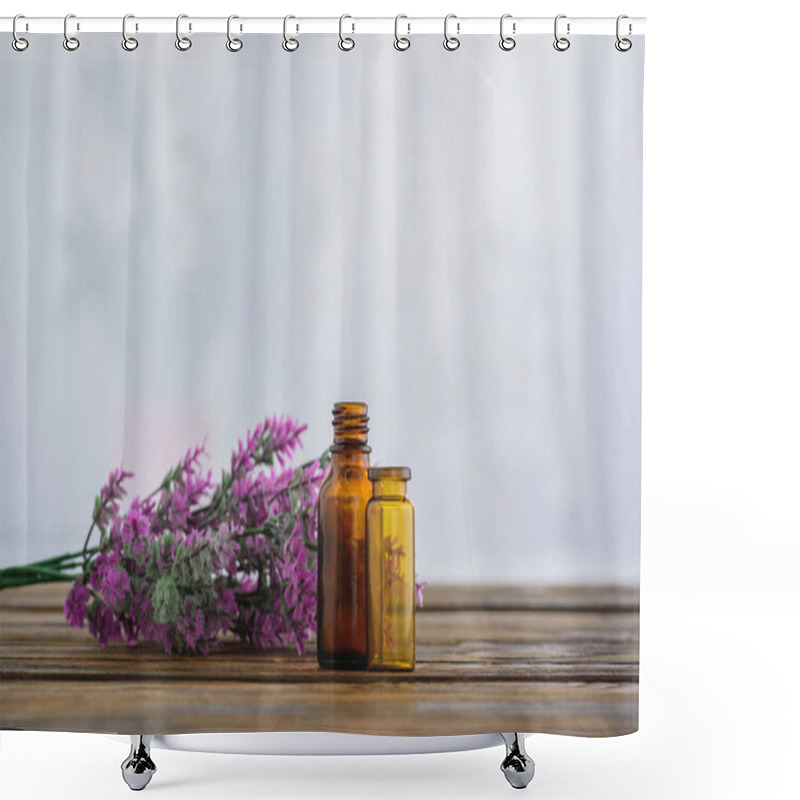 Personality  Heather Flowers Near Empty Glass Jars On White Background With Copy Space Shower Curtains