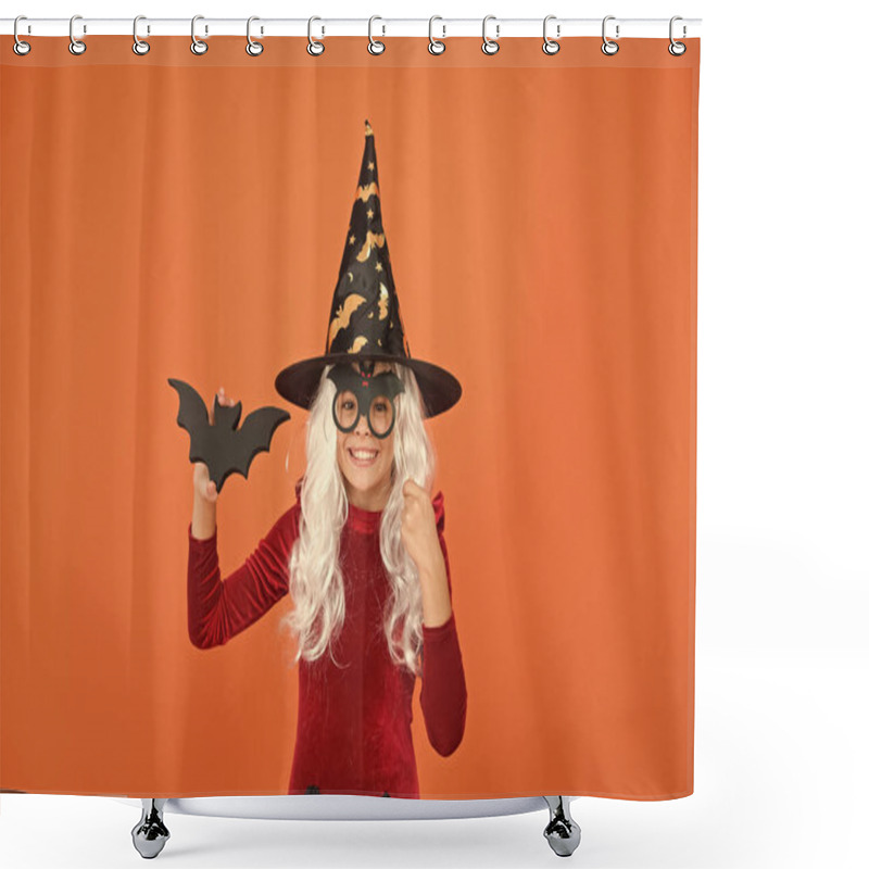 Personality  Wizard Or Magician. Halloween Party. Photo Booth Props. Small Girl In Black Witch Hat. Autumn Holiday. Join Celebration. Little Child In Witch Costume. Magical Spell. Small Witch With White Hair Shower Curtains