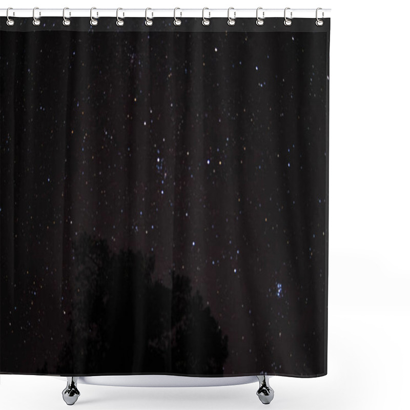 Personality  A Dark Night Sky Featuring Orion Constellation And Pleiades Star Cluster Above Shadowy Trees In A Cosmic Starlit Scene. Shower Curtains