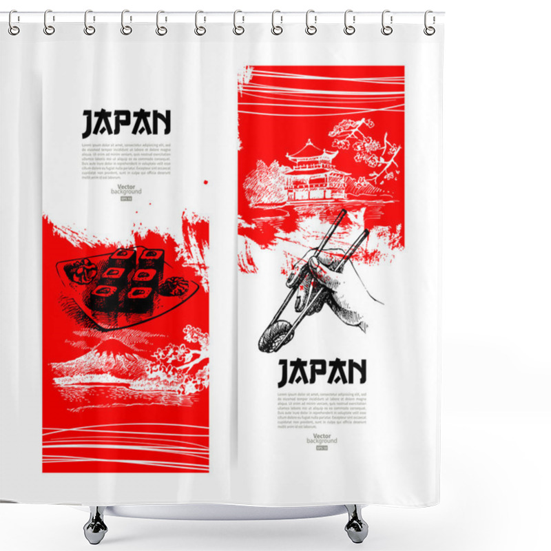 Personality  Set Of Japanese Sushi Banners. Sketch Illustrations For Menu Shower Curtains