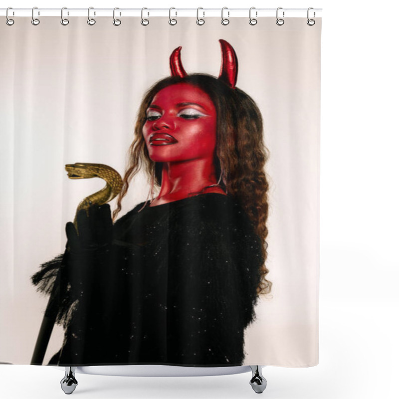 Personality  The Captivating Woman Dressed As A Devil Stands Confidently, Showcasing Her Halloween Spirit. Shower Curtains