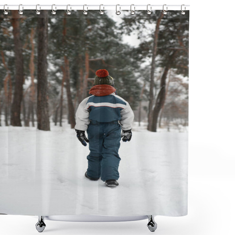 Personality  Boy In Winter Jumpsuit Walks In Woods In Snow. Back View. Winter Holidays In Spruce Forest Shower Curtains