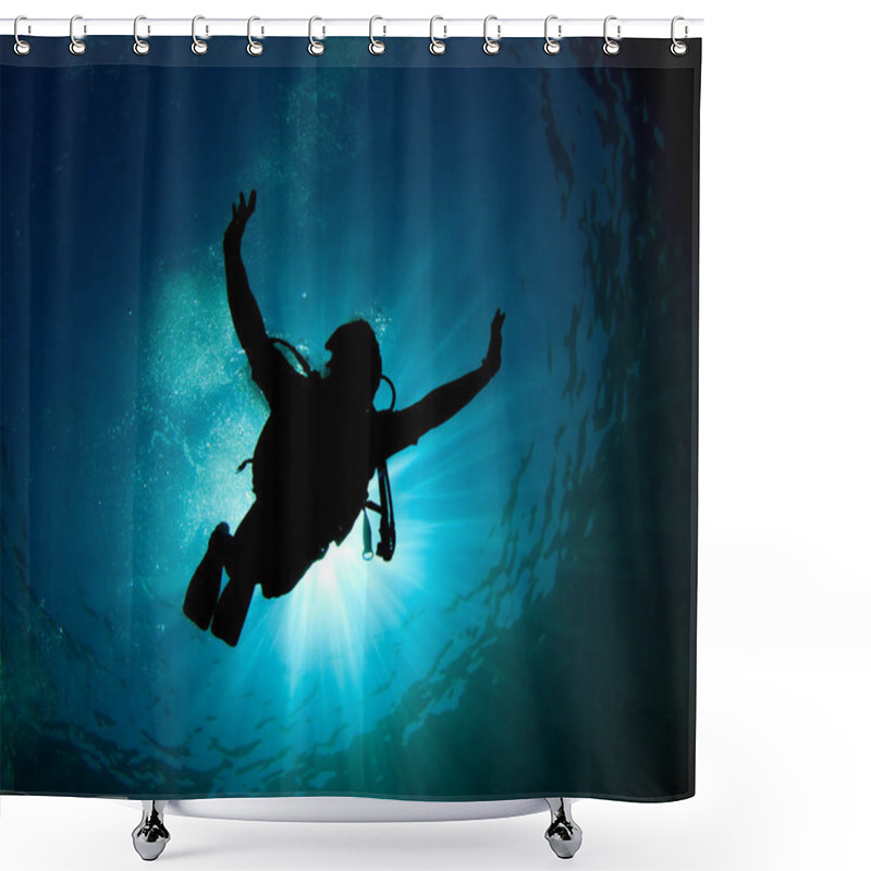 Personality  Underwater Photo Of Diver In The Depth Of Blue Sea Shower Curtains