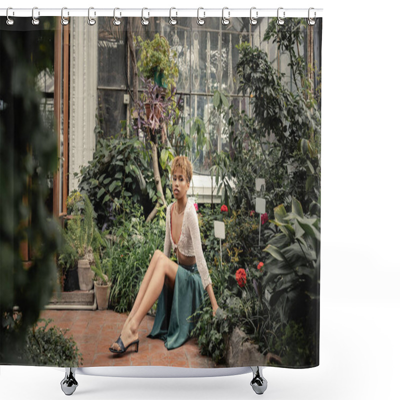 Personality  Young And Confident African American Woman In Stylish Summer Outfit Looking At Camera While Sitting Near Green Plants With Flowers In Orangery, Fashion-forward Lady In Midst Of Tropical Greenery Shower Curtains