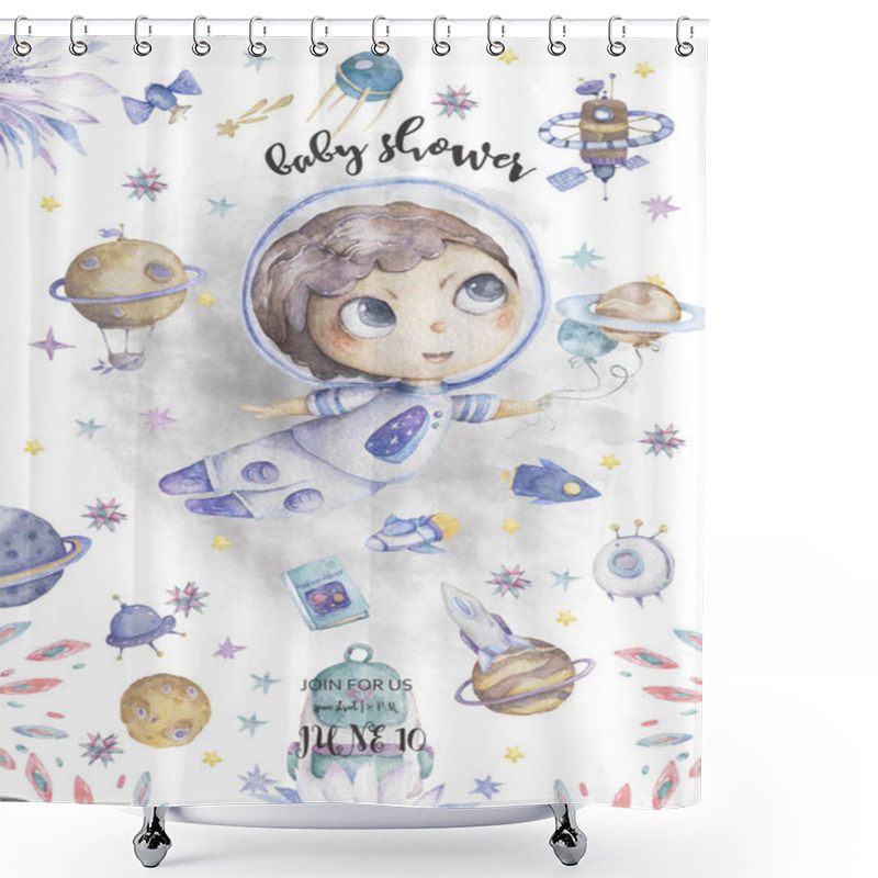 Personality  Astronaut Cartoon Happy Boy In Blue Scanfand Flying In The Space With A Futuristic Rocket And Satellites Around Stars And Planets. Baby Shower, Invite, Celebration And Birthday Card For Little Dreamer Shower Curtains