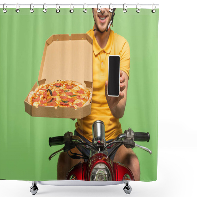 Personality  Cropped View Of Smiling Delivery Man In Yellow Uniform On Scooter With Pizza And Smartphone Isolated On Green Shower Curtains