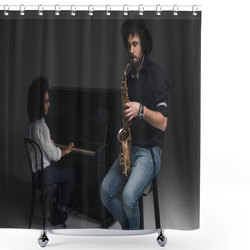 Personality  Man Playing Saxophone While His Partner Playing Piano Blurred On Background Shower Curtains