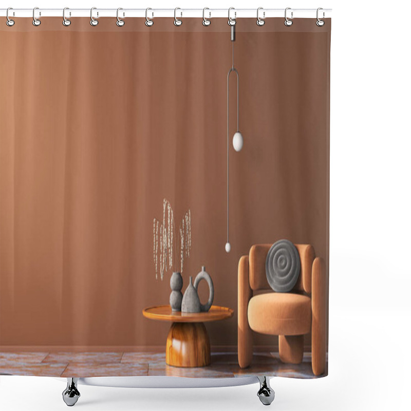 Personality  Interior Of Modern Living Room With Wooden Coffee Table And Orange Armchair With Gray Cushion, Empty Wall. Pendant Light. Home Design. 3d Rendering Shower Curtains