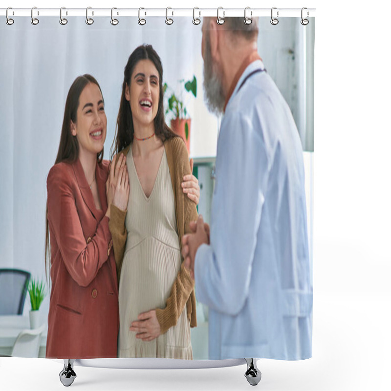 Personality  Joyous Lesbian Couple With Hands On Pregnant Belly Smiling At Their Gynecologist, Ivf Concept Shower Curtains