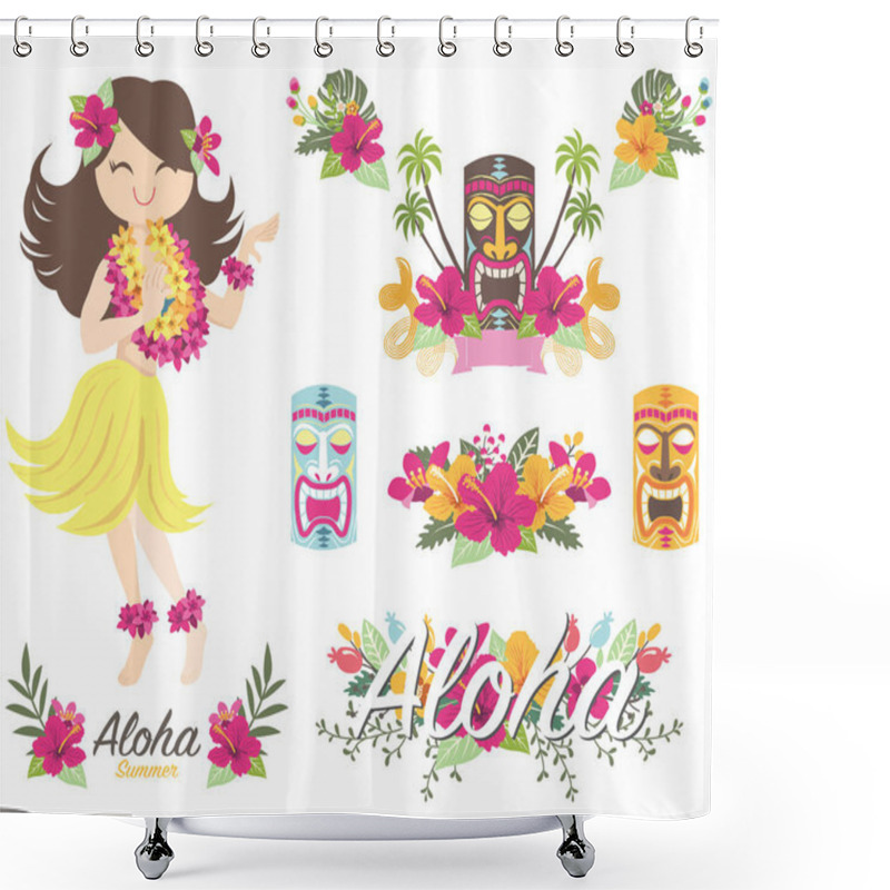 Personality  Aloha Flower Hawaiian Girl Tiki God- A Vector Illustration Of Aloha Flower Hawaiian Girl Tiki God. Perfect For Wedding, Tropicana, Aloha, Holiday, Tropical, Summer, Love, Celebration, Greeting Card, Packaging And Many More. Shower Curtains