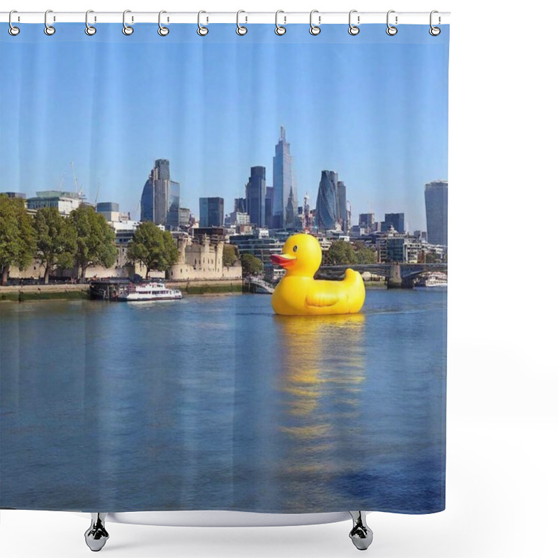 Personality  Giant, Inflatable Bath Duck Floating In The Thames River Near London's Tower Bridge. The Oversized Yellow Duck Towers Over The Water, Its Glossy Surface Reflecting The Sunlight As It Drifts Majestically Beneath The Iconic Bridge. Shower Curtains