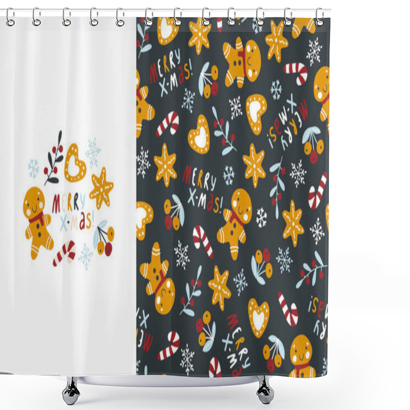 Personality  Christmas Fun Print And Seamless Pattern With Gingerbread Man, Cookies, Berries And Lettering. Hand-drawn Childish Doodle Illustration In Simple Scandinavian Style. Vector Isolate Shower Curtains