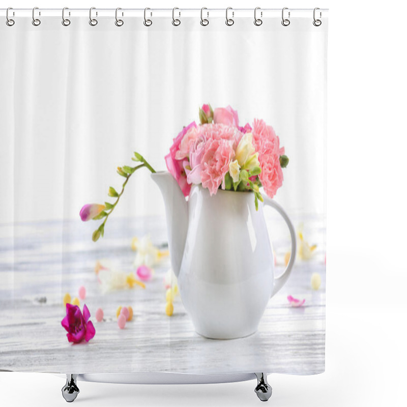 Personality  Beautiful Spring Flowers In Teapot Isolated On White Shower Curtains