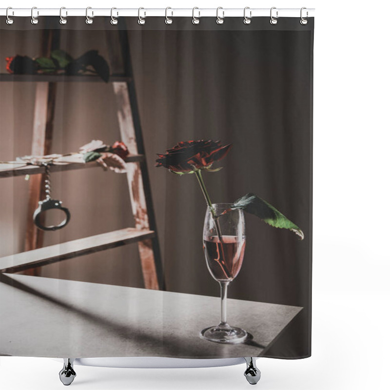 Personality  Red Rose Flowers In Champagne Glass On Stone Table With Wooden Ladder And Metal Handcuffs On Background Shower Curtains