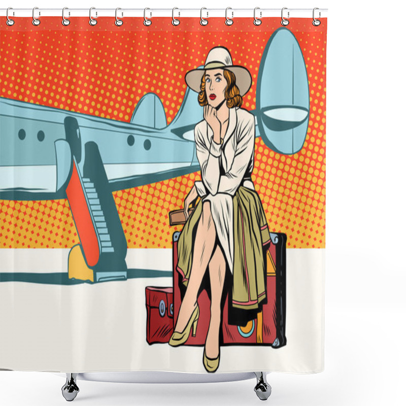 Personality  Tourist Girl Sitting On A Suitcase, Travelling By Plane Shower Curtains