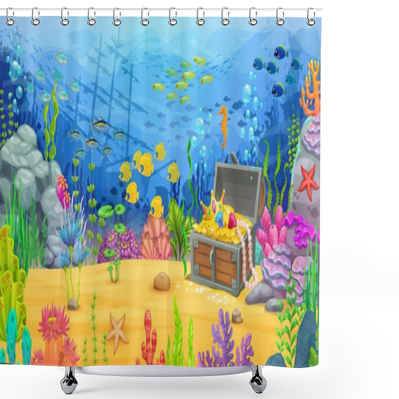 Personality  Game Level Underwater Landscape. Cartoon Treasure Chest, Fish Shoal, Seaweeds And Sunken Ship Silhouette. Vector Ocean World Parallax Background With Shipwreck Boat And Pirate Loot Trunk On Sea Bottom Shower Curtains