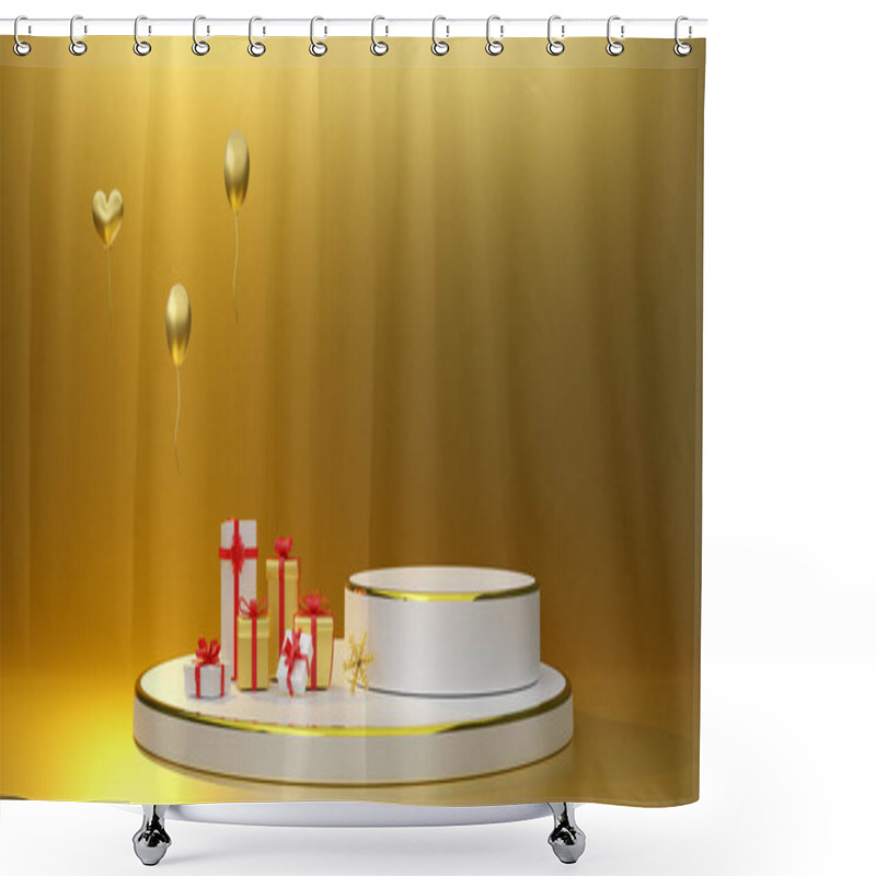 Personality  White Podium Empty With Geometric Shapes And Gift Box In Gold Composition For Modern Stage Display And Minimalist Mockup ,Concept Christmas And A Festive New Year, 3d Illustration Or 3d Render Shower Curtains