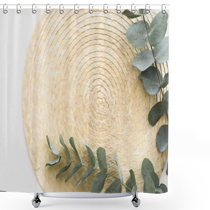 Personality  Flat Lay Border View Minimal Branches Eucalyptus Leaves Over Straw Palte On White Background. Copy Space Shower Curtains