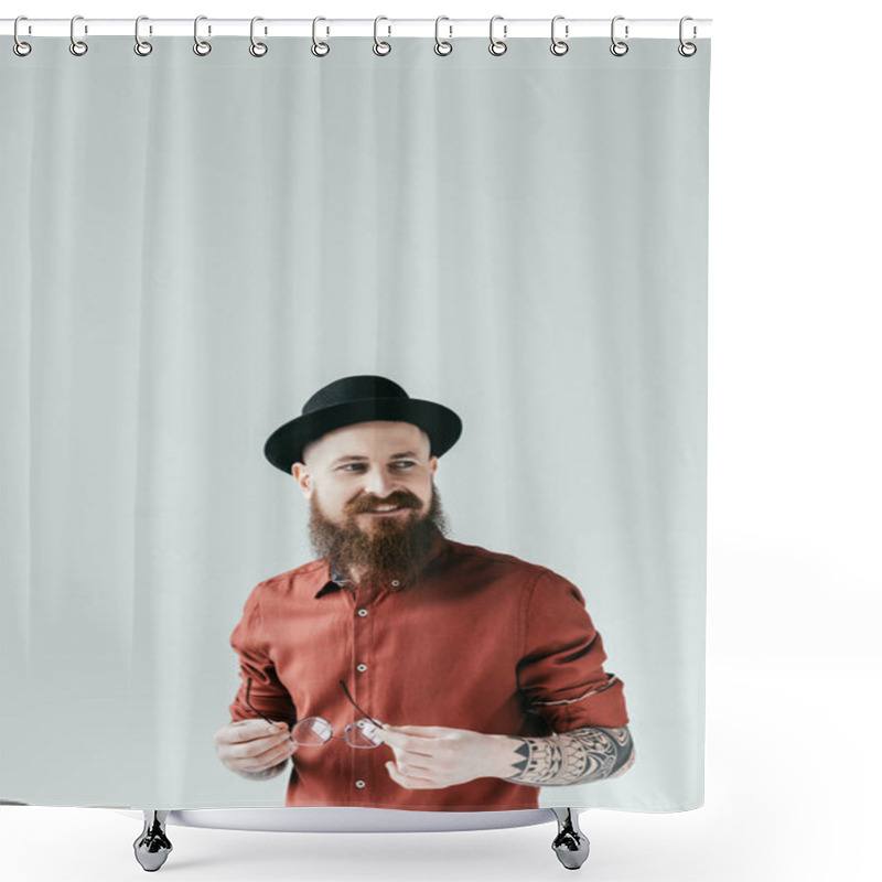 Personality  Smiling Bearded Man In Hat Holding Glasses Isolated On White Shower Curtains