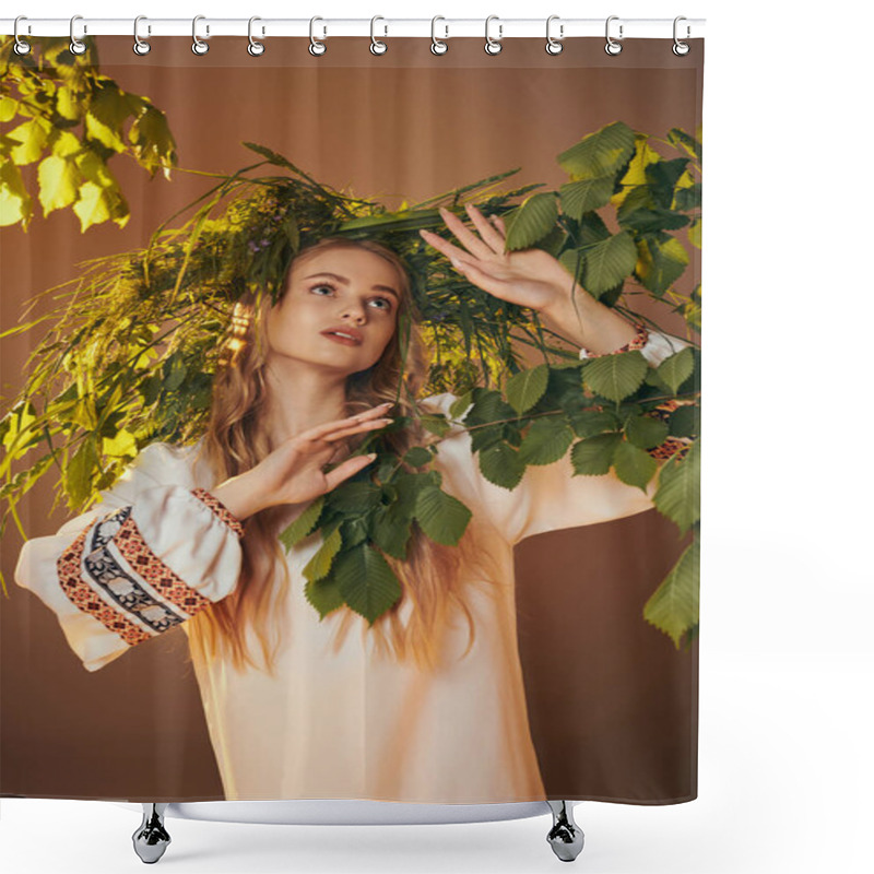 Personality  Young Mavka In Traditional Outfit Adorned With Ornate Leaves, Embracing The Beauty Of Nature In A Fairy And Fantasy Studio Setting. Shower Curtains