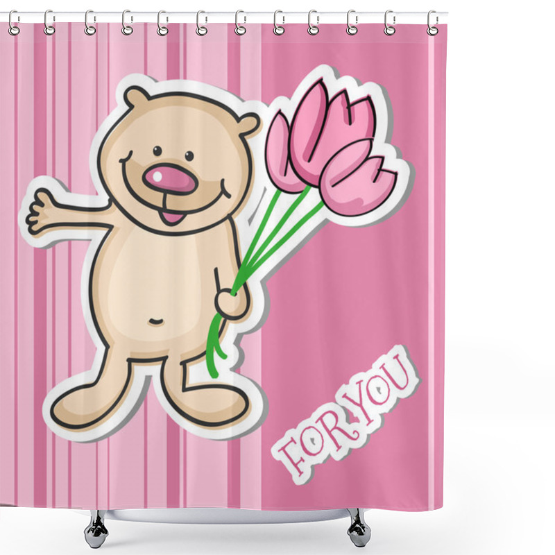 Personality  Cute Little Teddy Bear With A Bouquet Of Flowers, Vector Illustration Shower Curtains