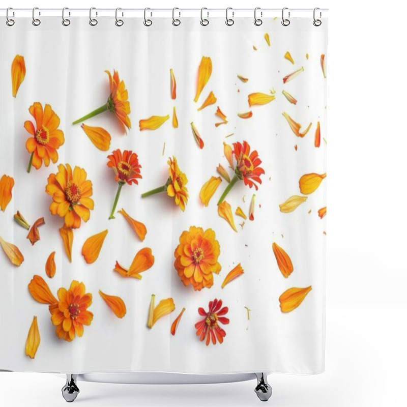 Personality  Bright Orange And Yellow Flowers Scattered Among Petals On A White Backdrop, Creating A Vibrant And Cheerful Arrangement. Shower Curtains