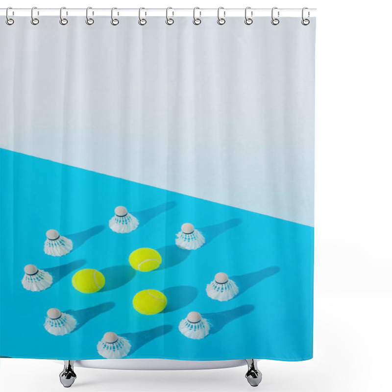 Personality  Circle Of Badminton Shuttlecocks Around Tennis Balls On Blue Shower Curtains