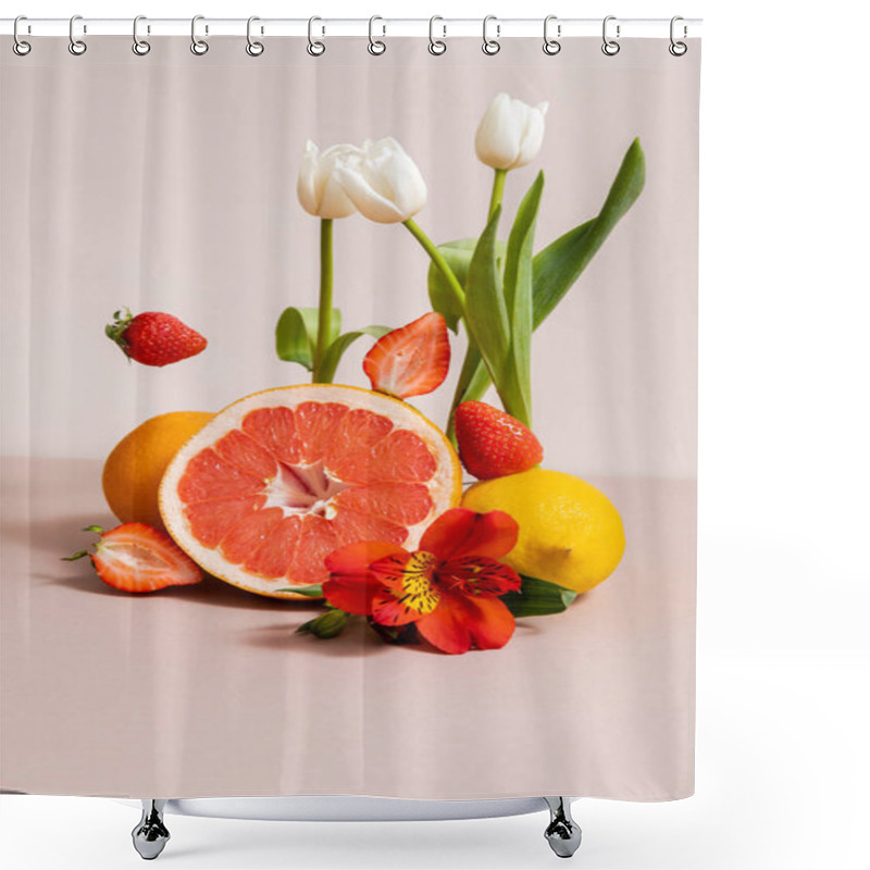 Personality  Floral And Fruit Composition With Tulips, Red Alstroemeria, Summer Fruits Isolated On Beige Shower Curtains