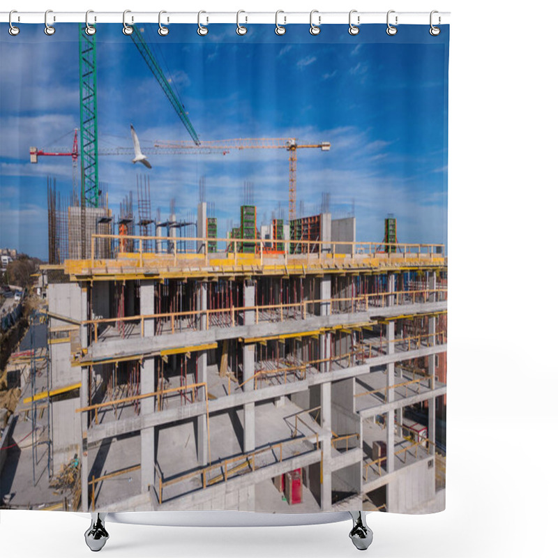 Personality  Busy Construction Site And Construction Equipment On The Sea Coast Aerial Top View Shower Curtains