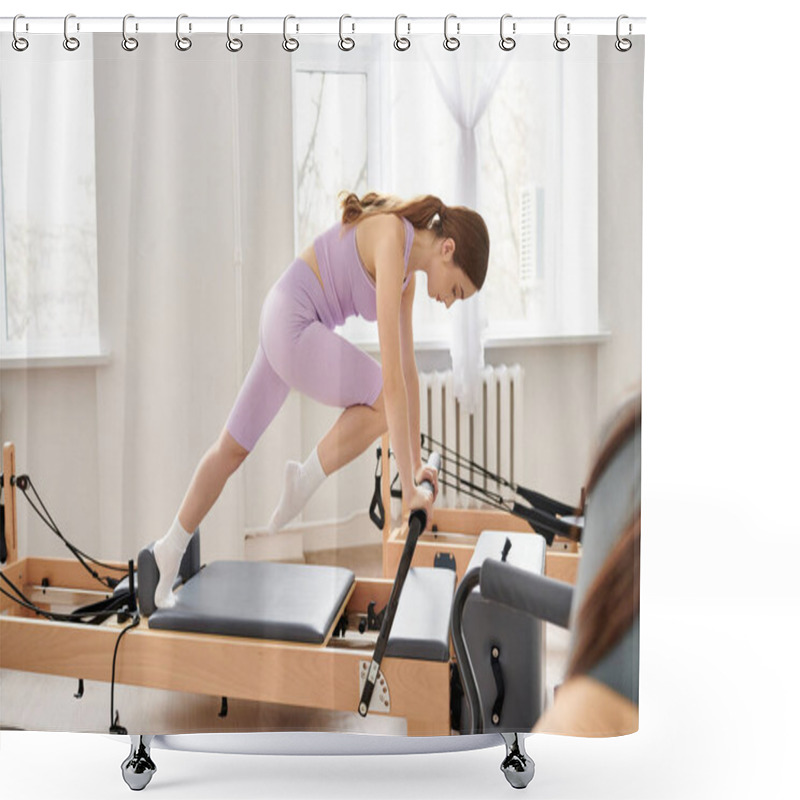 Personality  A Sporty Woman Engages In A Pilates Workout. Shower Curtains