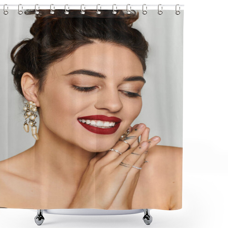 Personality  Young Woman Displays Her Radiant Smile And Fashionable Jewelry Against A Neutral Background. Shower Curtains