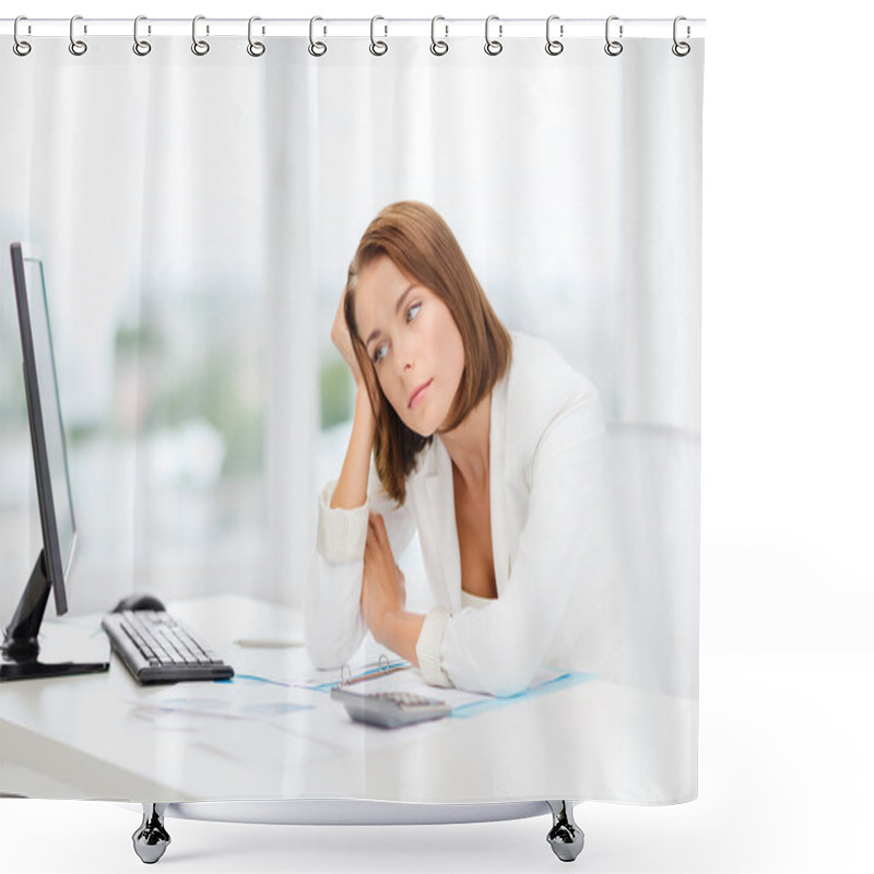 Personality  Tired Businesswoman With Computer And Papers Shower Curtains